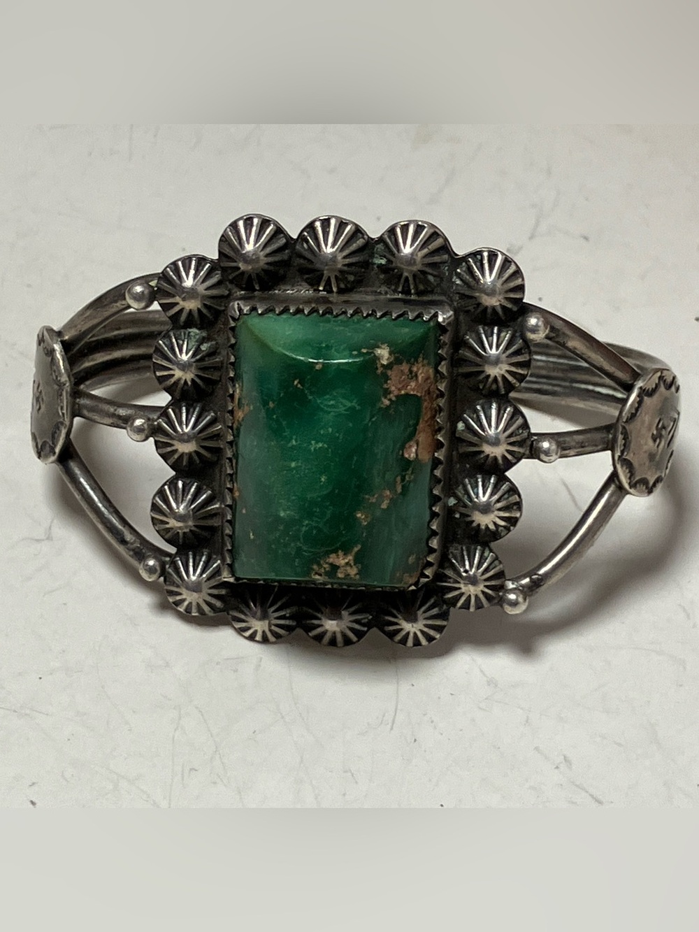 Navajo Whirling Log Sterling Silver Cuff Bracelet Green Turquoise
